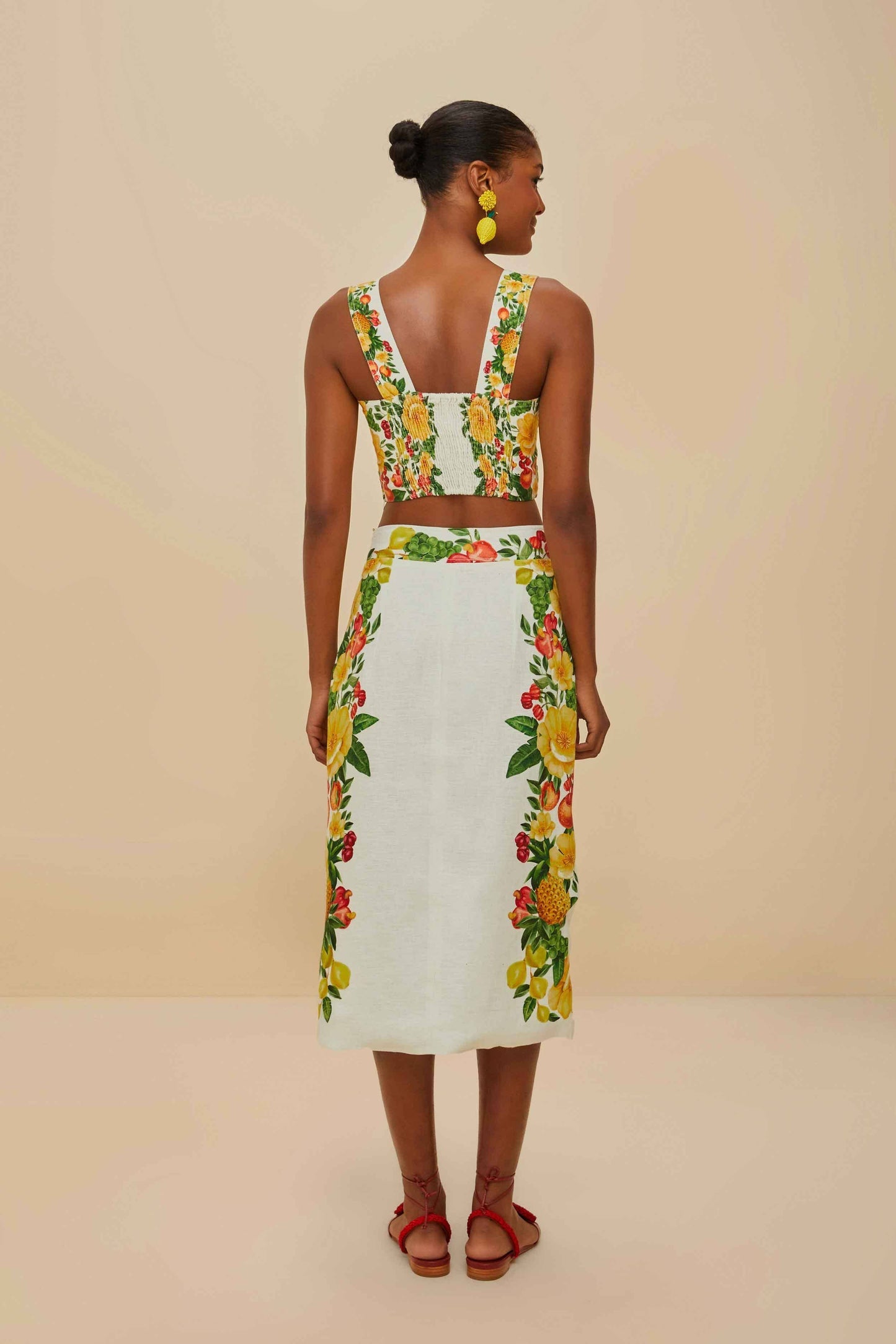 Off-White Picnic Flowers Euroflax™ Premium Linen Viscose Midi Skirt | FARM Rio Women
