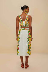 Off-White Picnic Flowers Euroflax™ Premium Linen Viscose Midi Skirt | FARM Rio Women