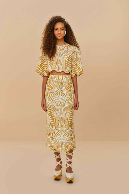 Off-White Lace Nature Euroflax™ Premium Linen Midi Skirt | FARM Rio Women