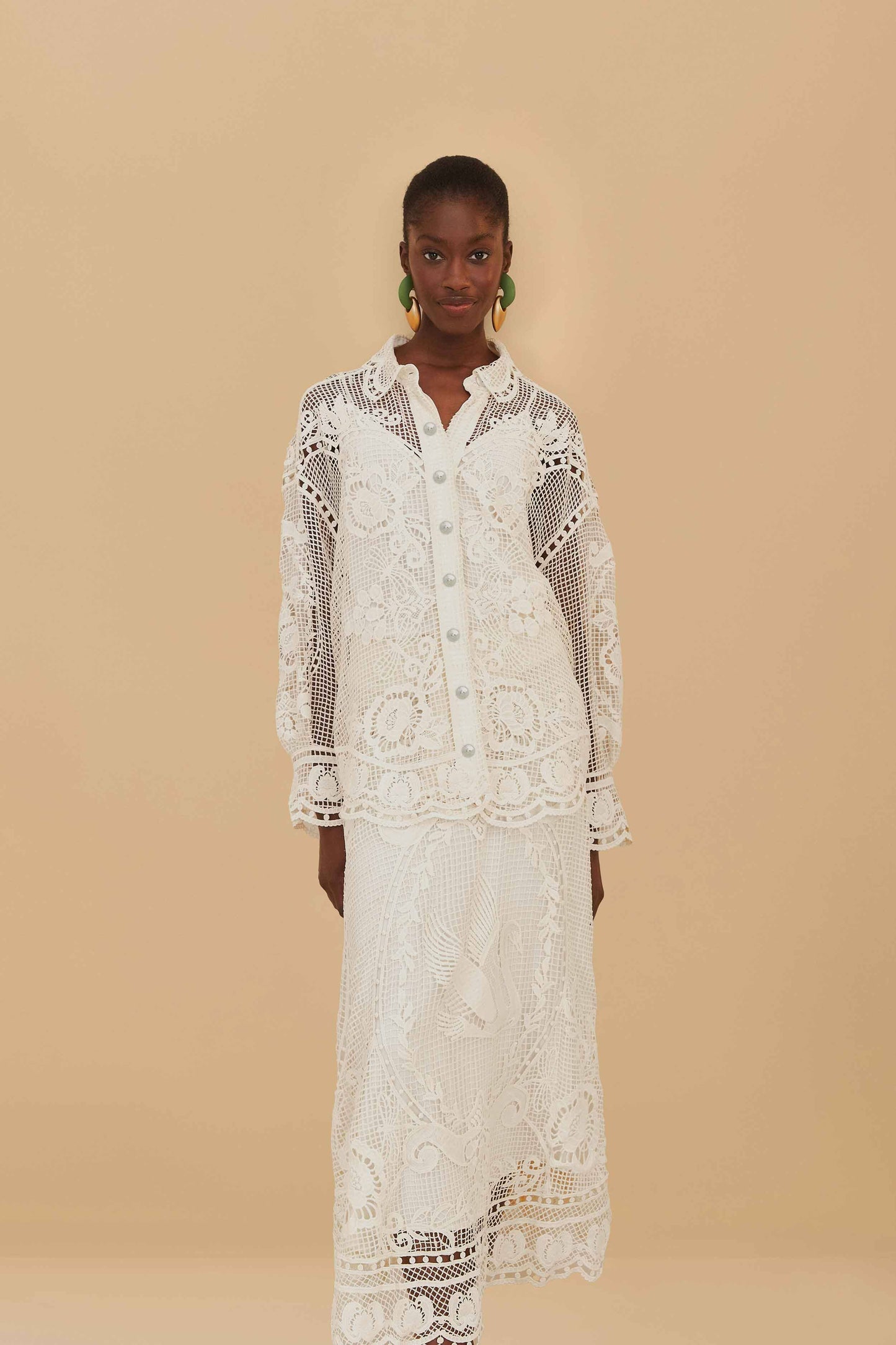Off-White Swan Lake Guipure Midi Skirt | FARM Rio Women