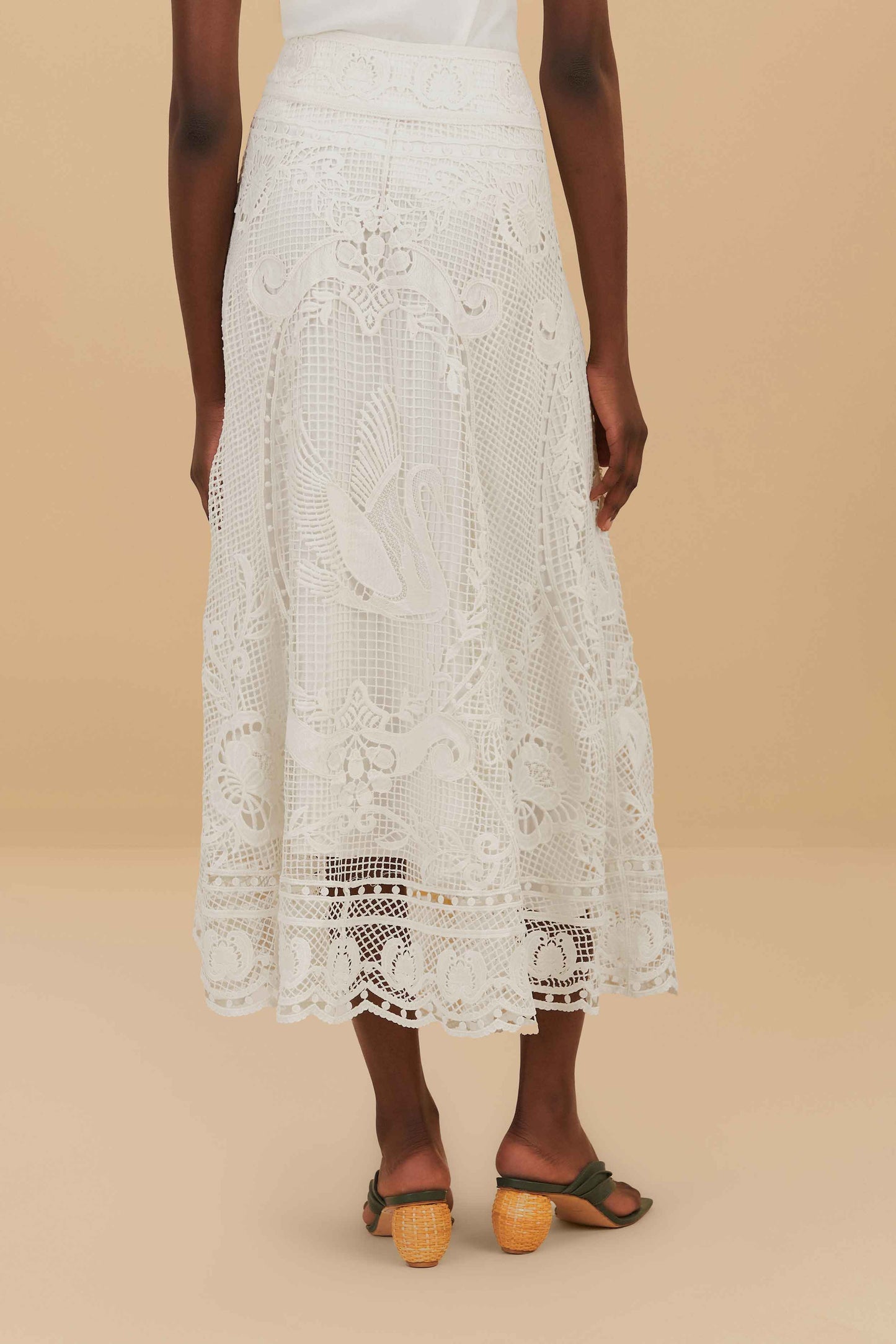 Off-White Swan Lake Guipure Midi Skirt | FARM Rio Women