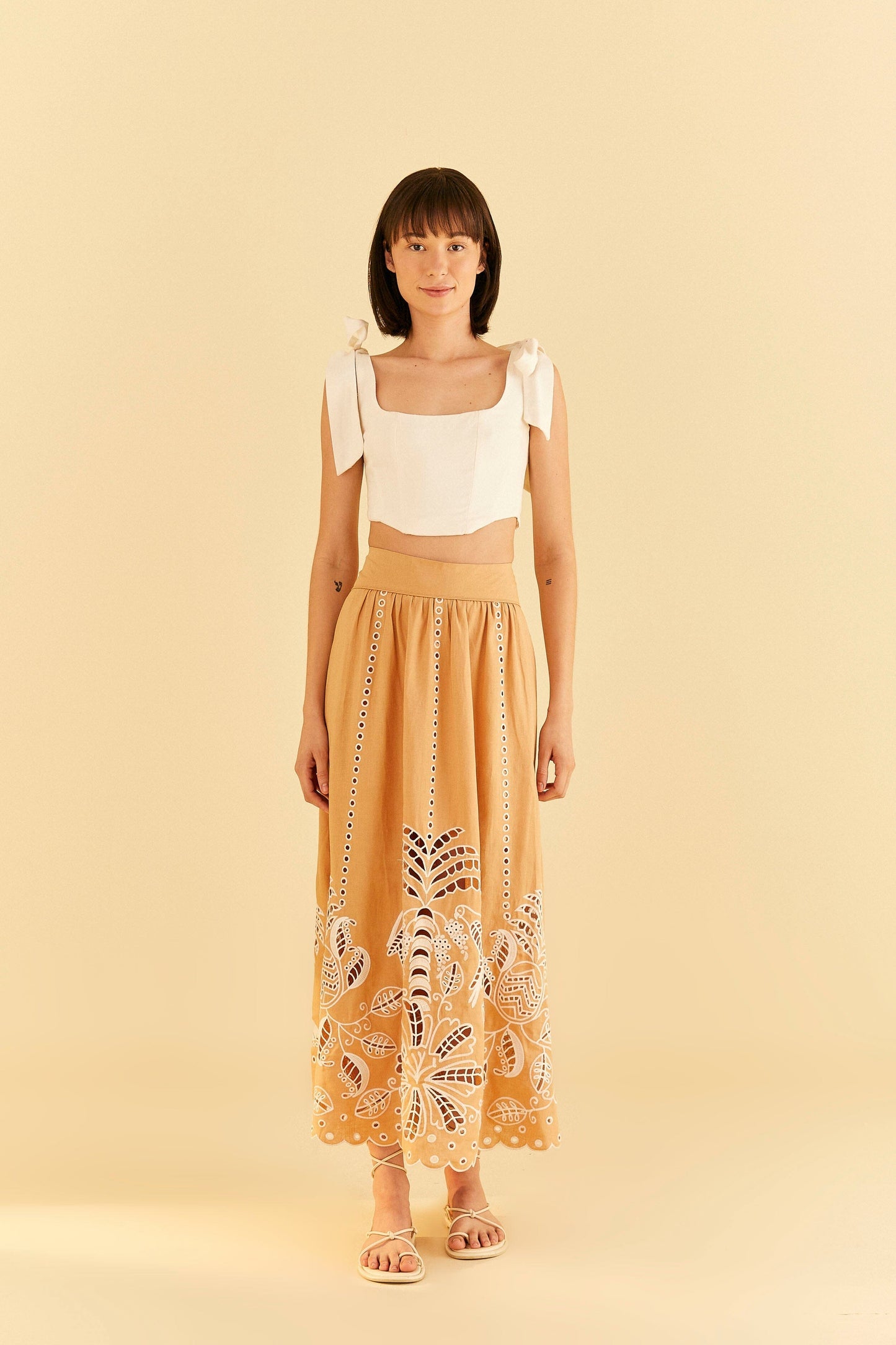 Sand Richelieu Midi Skirt | FARM Rio Women