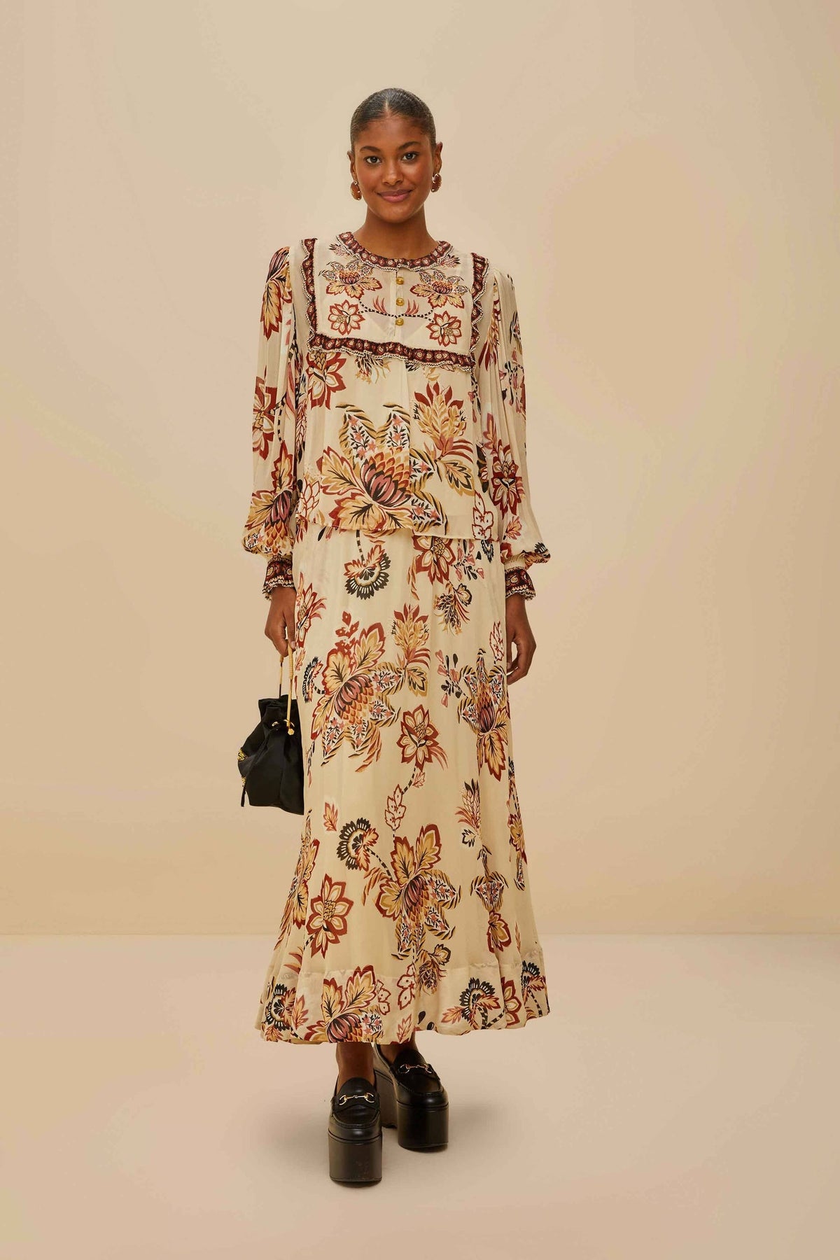 Sand Aura Floral Midi Skirt | FARM Rio Women