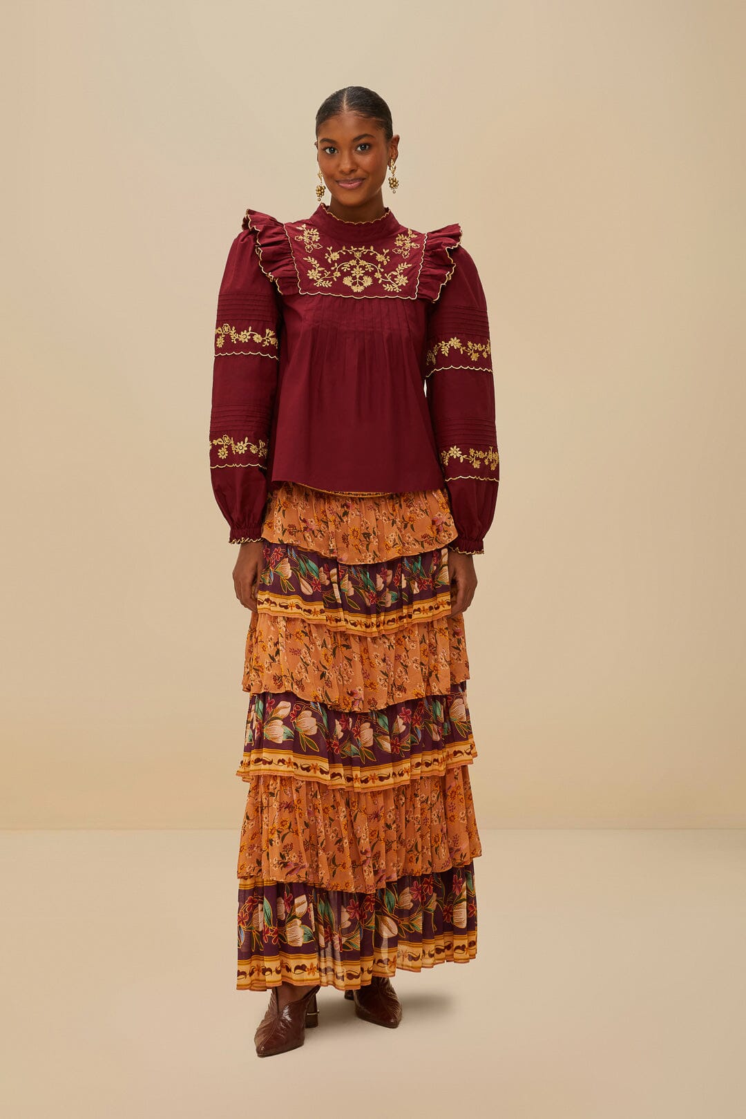 Colorful Birds Camel Ruffles Midi Skirt | FARM Rio Women