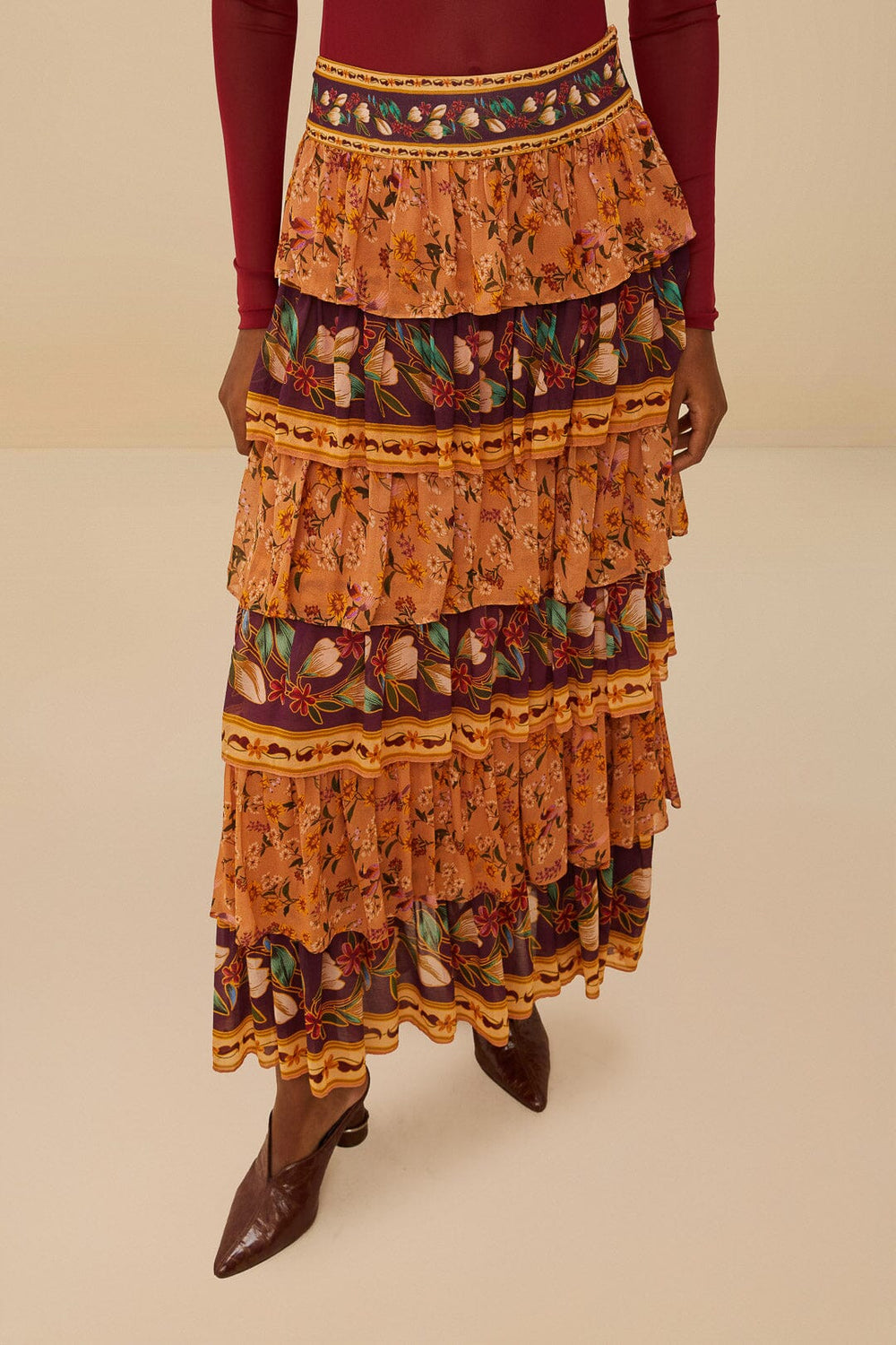 Colorful Birds Camel Ruffles Midi Skirt | FARM Rio Women