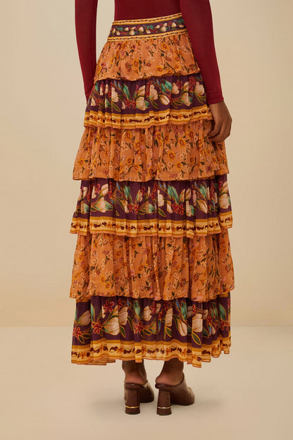 Colorful Birds Camel Ruffles Midi Skirt | FARM Rio Women