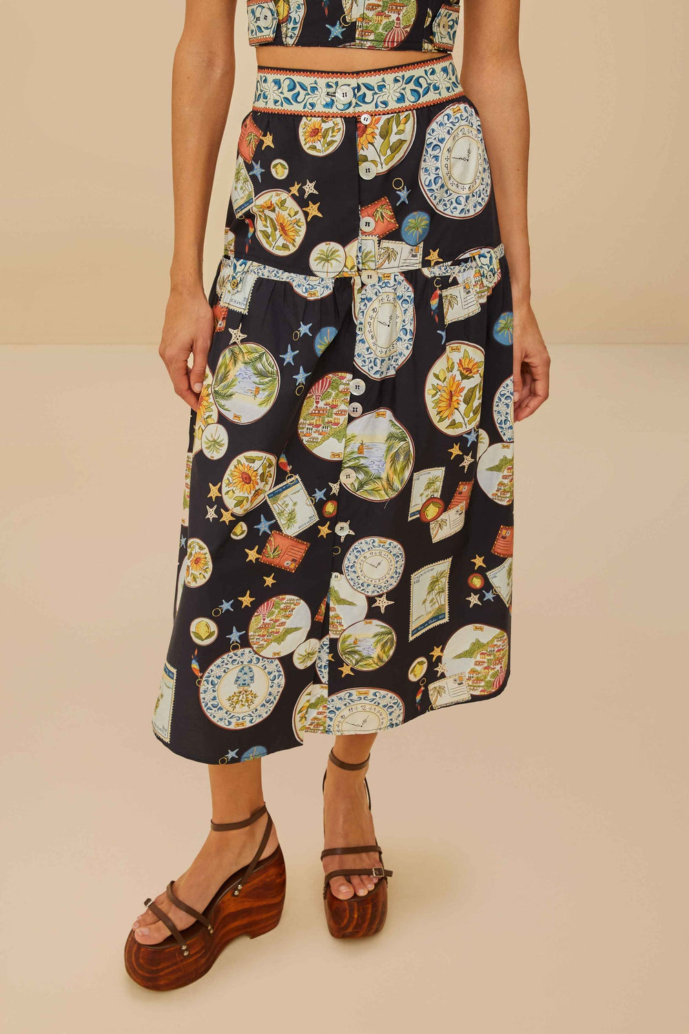 Black Trip Souvenir Organic Cotton Midi Skirt | FARM Rio Women