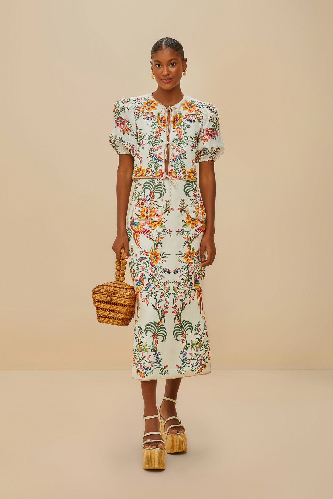 Off-White Delicate Forest Euroflax™ Premium Linen Midi Skirt | FARM Rio Women