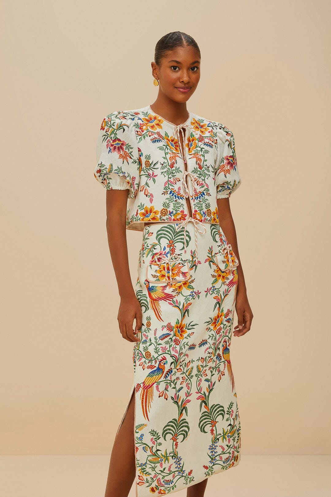 Off-White Delicate Forest Euroflax™ Premium Linen Midi Skirt | FARM Rio Women