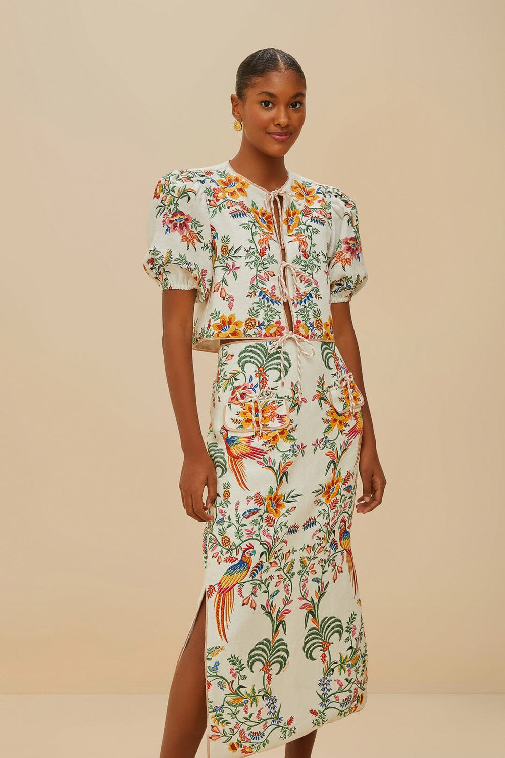 Off-White Delicate Forest Euroflax™ Premium Linen Midi Skirt | FARM Rio Women