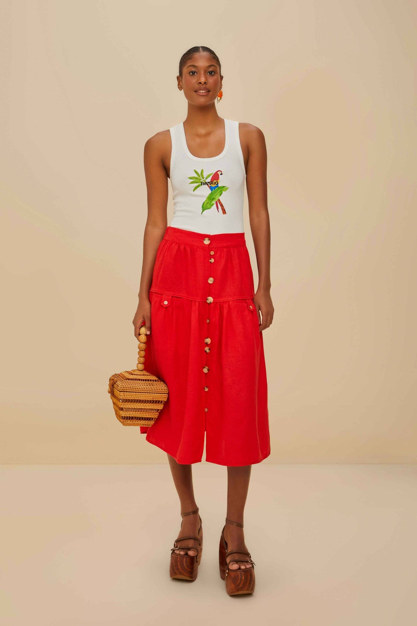Red Mixed Buttons Euroflax™ Premium Linen Midi Skirt | FARM Rio Women