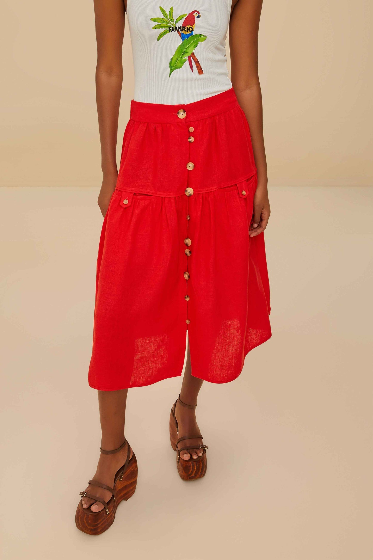 Red Mixed Buttons Euroflax™ Premium Linen Midi Skirt | FARM Rio Women