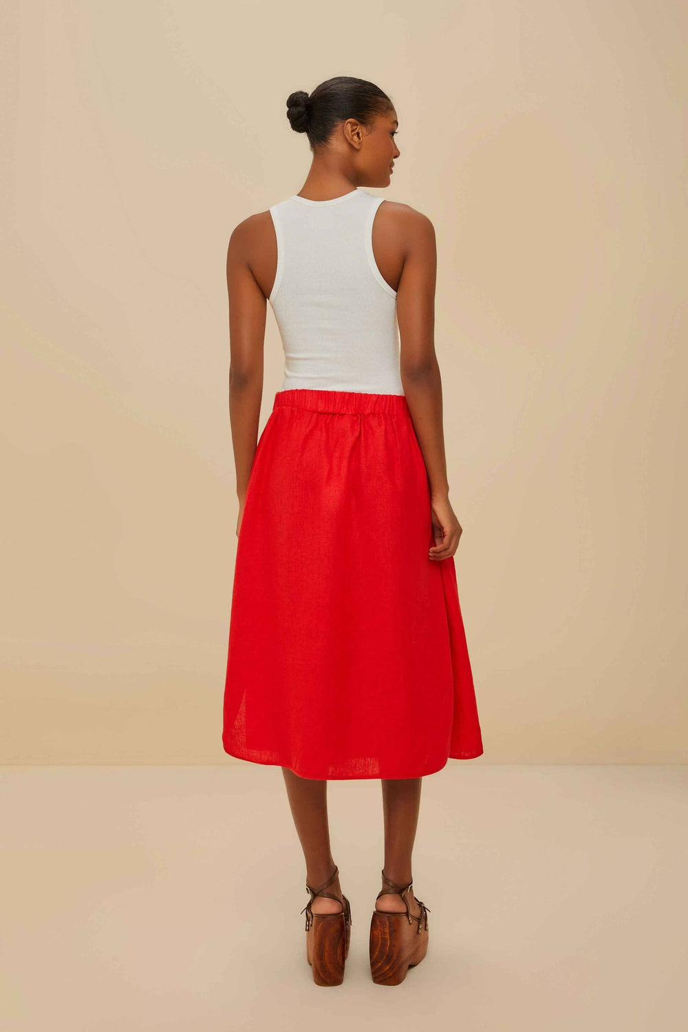 Red Mixed Buttons Euroflax™ Premium Linen Midi Skirt | FARM Rio Women