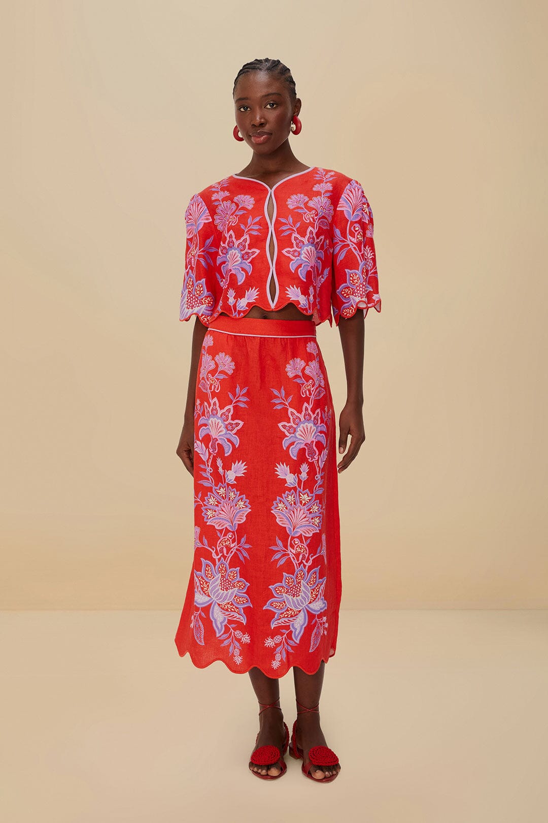 Red Porcelain Garden Euroflax™ Premium Linen Midi Skirt | FARM Rio Women