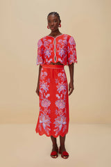 Red Porcelain Garden Euroflax™ Premium Linen Midi Skirt | FARM Rio Women