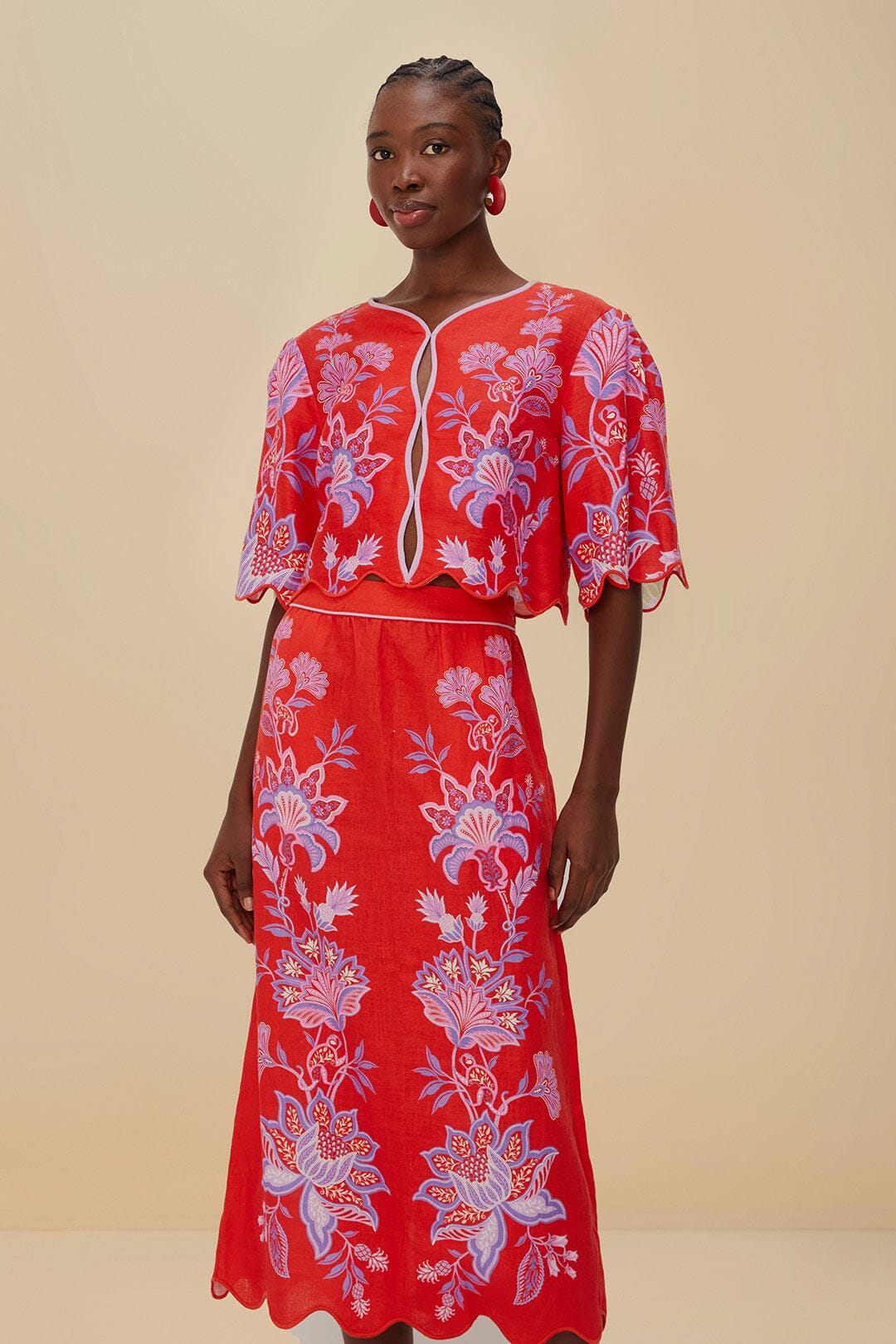 Red Porcelain Garden Euroflax™ Premium Linen Midi Skirt | FARM Rio Women