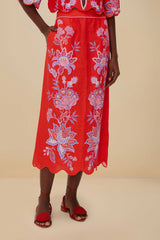Red Porcelain Garden Euroflax™ Premium Linen Midi Skirt | FARM Rio Women