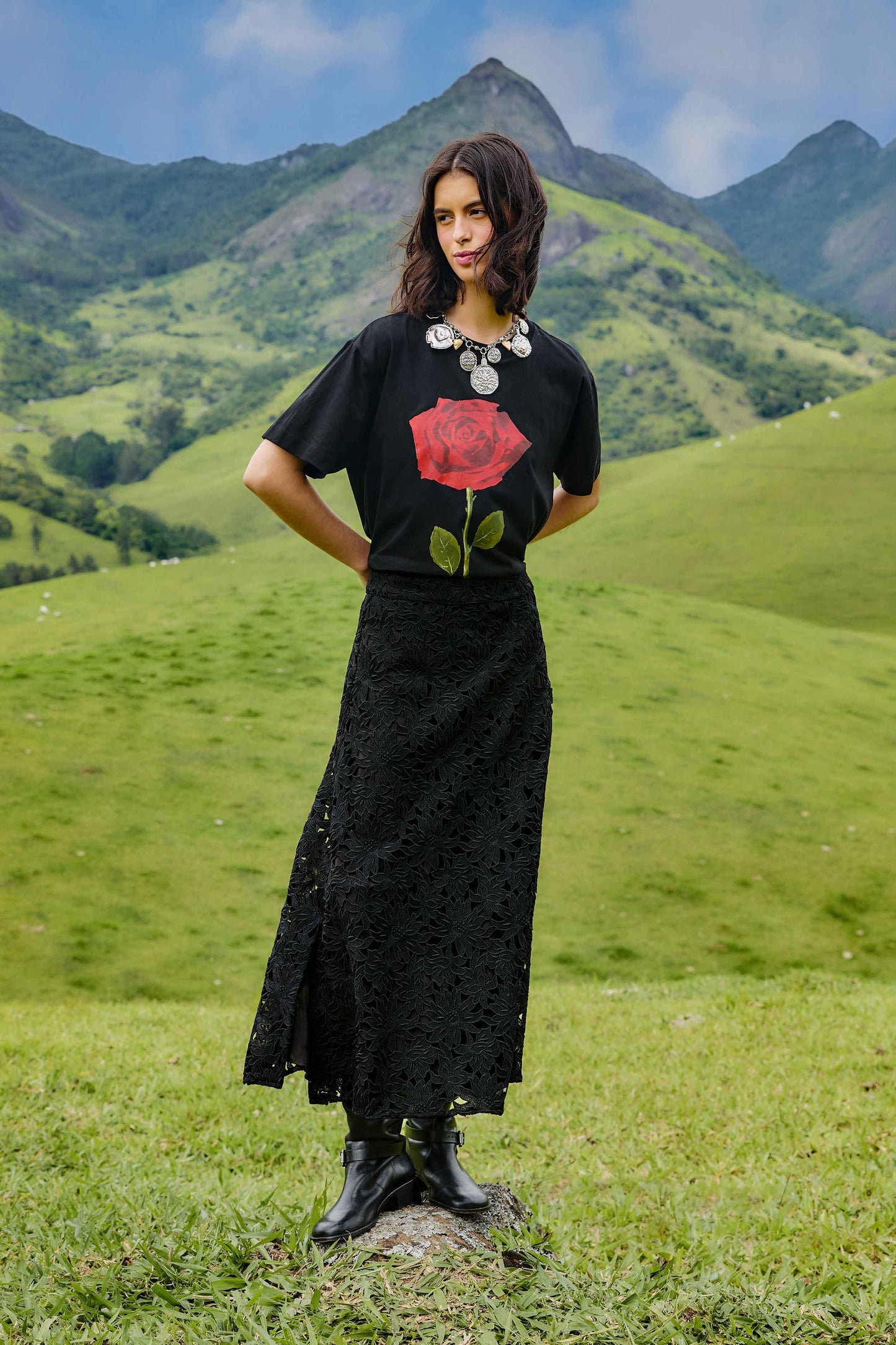 Black Flowered Lace Midi Skirt | FARM Rio | FARM Rio Women