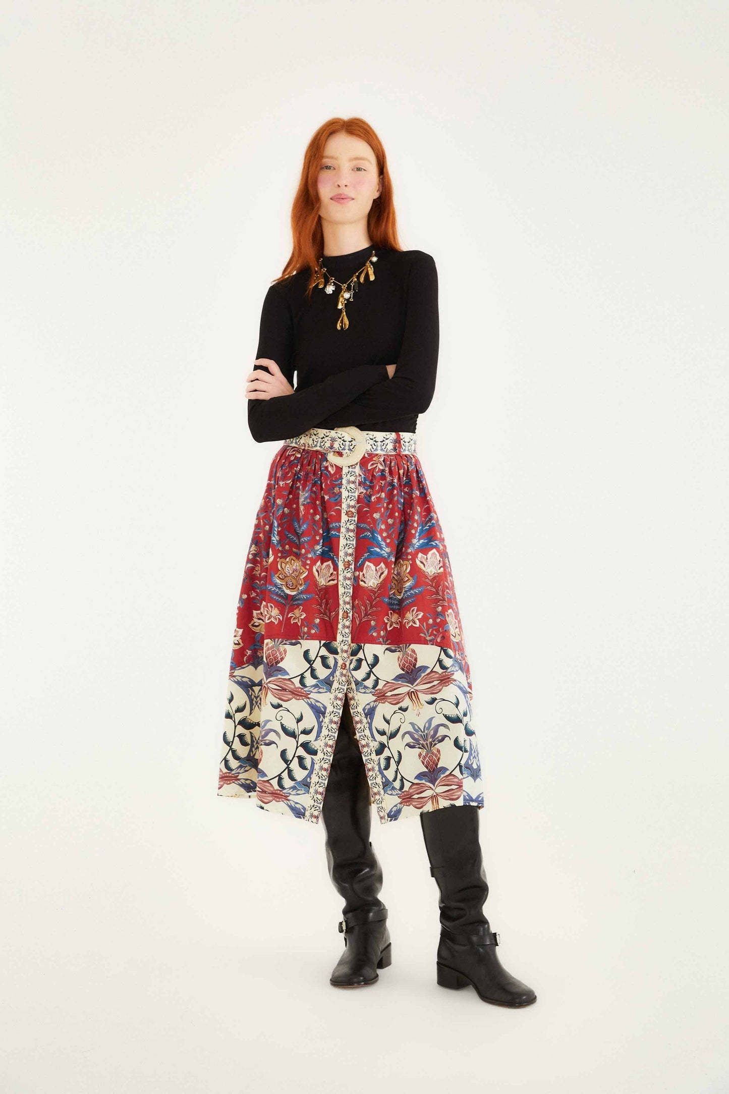 Red Winter Breeze Buttoned Belted Organic Cotton Midi Skirt | FARM Rio | FARM Rio Women
