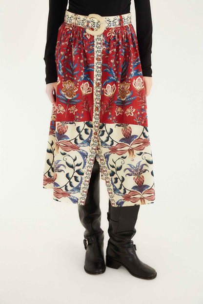 Red Winter Breeze Buttoned Belted Organic Cotton Midi Skirt | FARM Rio | FARM Rio Women