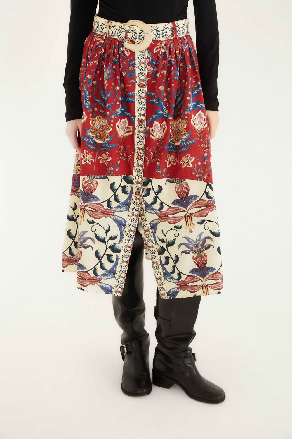 Red Winter Breeze Buttoned Belted Organic Cotton Midi Skirt | FARM Rio | FARM Rio Women
