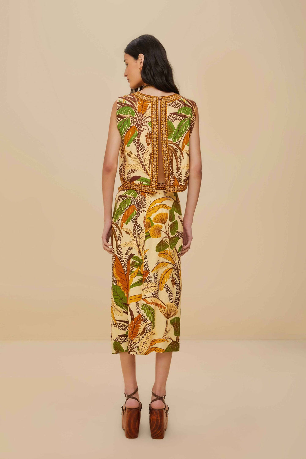 Sand Foliage Sketch LENZING™ ECOVERO™ Euroflax™ Midi Skirt | FARM Rio Women