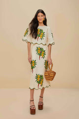 Off-White Maracana Bird Euroflax™ Premium Linen Midi Skirt | FARM Rio Women