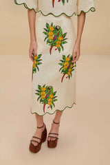 Off-White Maracana Bird Euroflax™ Premium Linen Midi Skirt | FARM Rio Women
