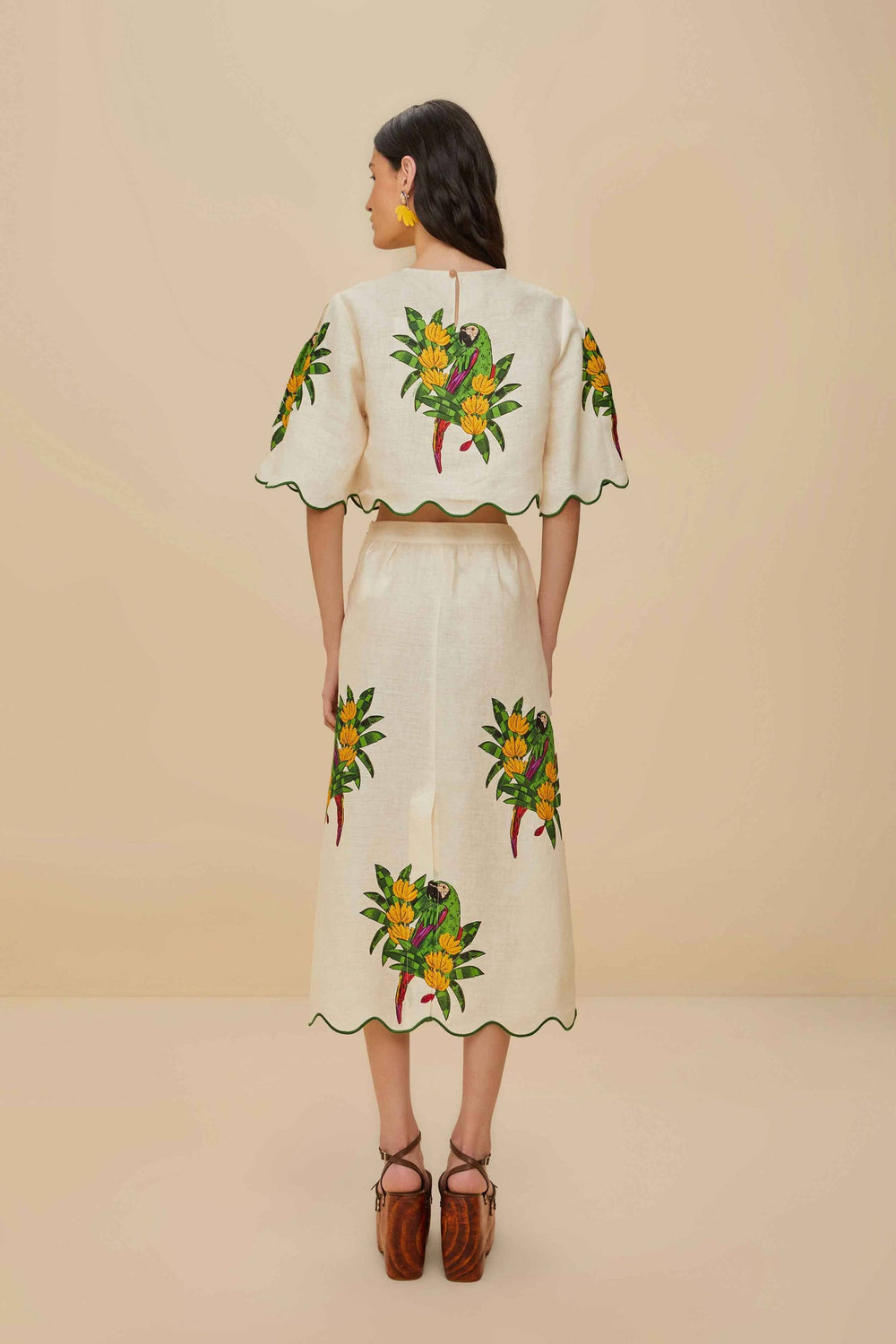 Off-White Maracana Bird Euroflax™ Premium Linen Midi Skirt | FARM Rio Women