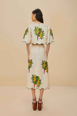 Off-White Maracana Bird Euroflax™ Premium Linen Midi Skirt | FARM Rio Women