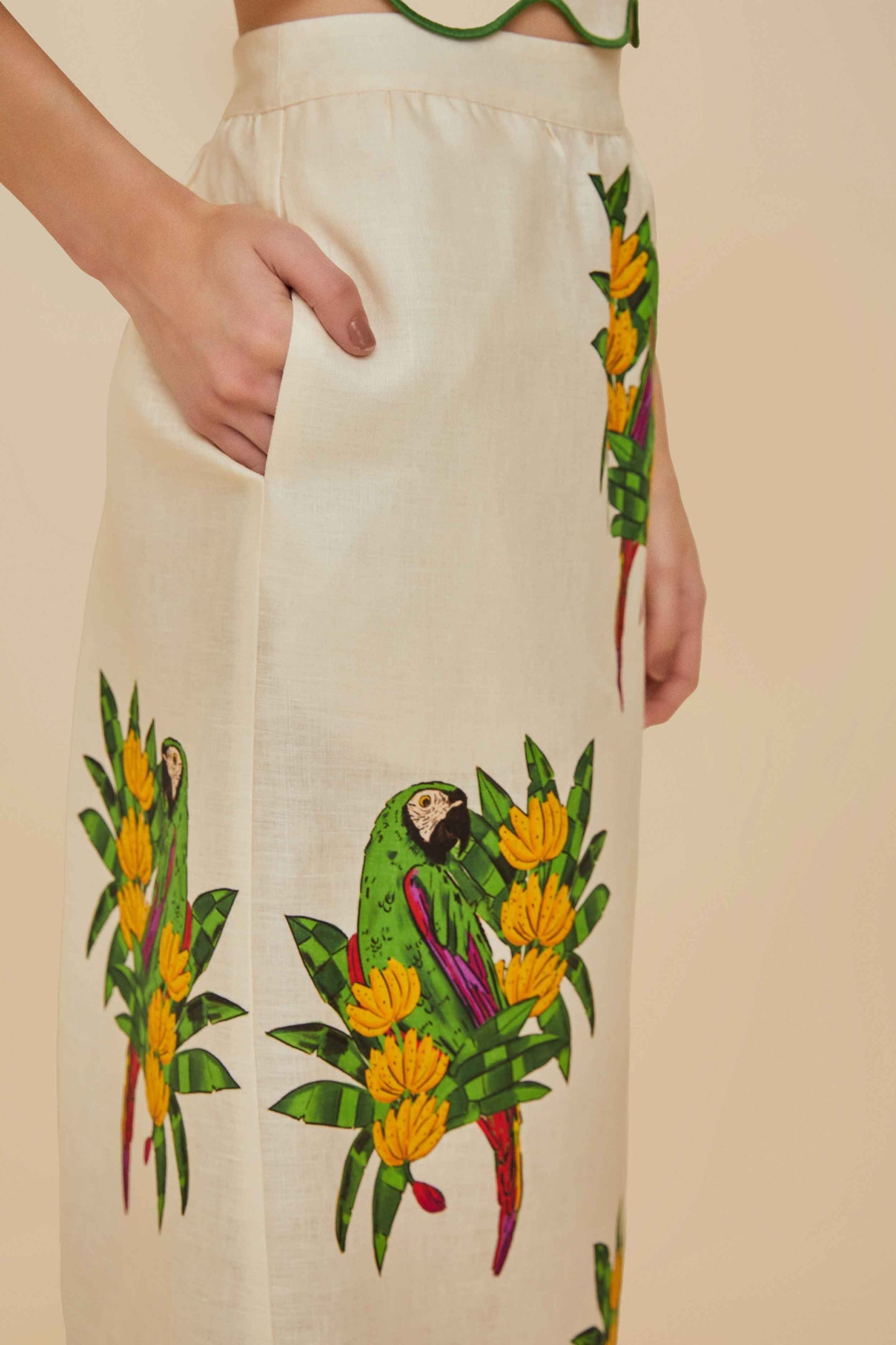 Off-White Maracana Bird Euroflax™ Premium Linen Midi Skirt | FARM Rio Women