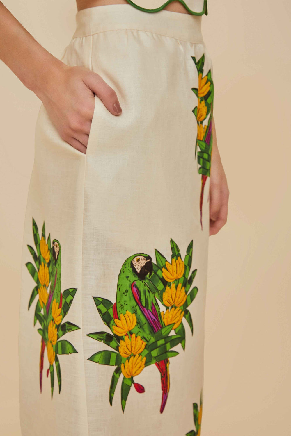 Off-White Maracana Bird Euroflax™ Premium Linen Midi Skirt | FARM Rio Women