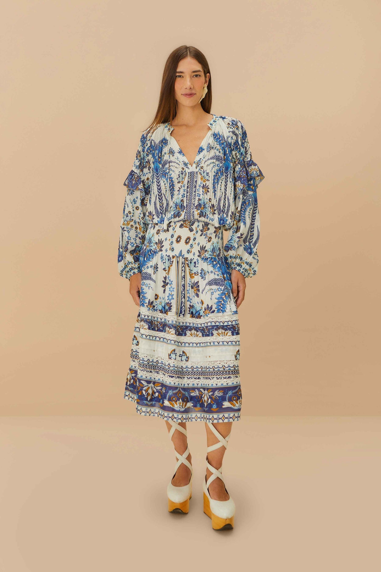 Off-White Ana Tapestry Organic Cotton Midi Skirt | FARM Rio Women