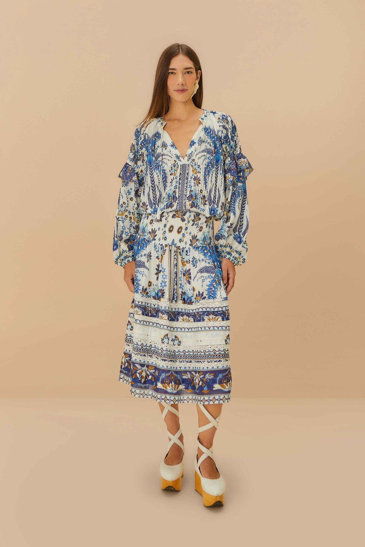 Off-White Ana Tapestry Organic Cotton Midi Skirt | FARM Rio Women