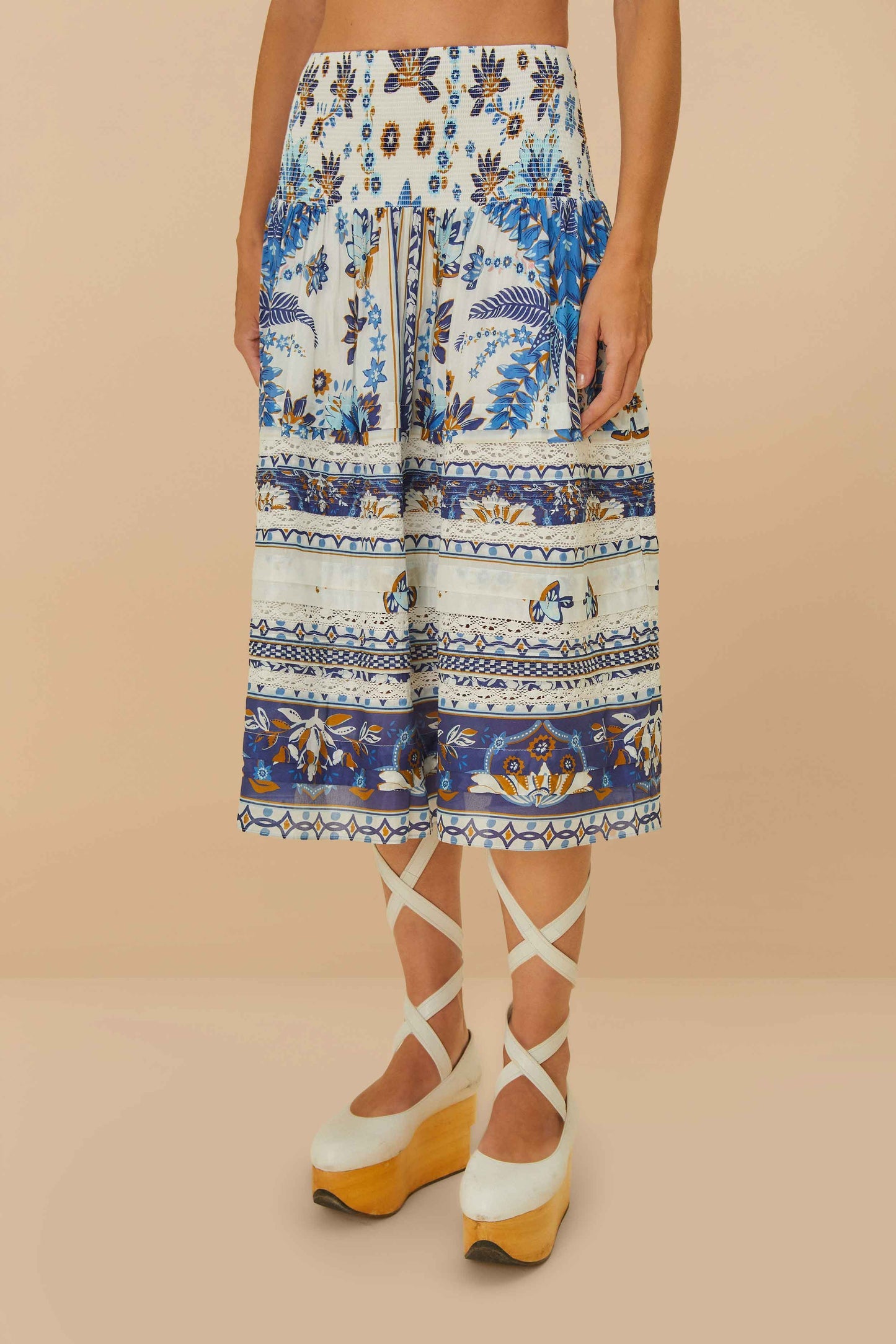 Off-White Ana Tapestry Organic Cotton Midi Skirt | FARM Rio Women