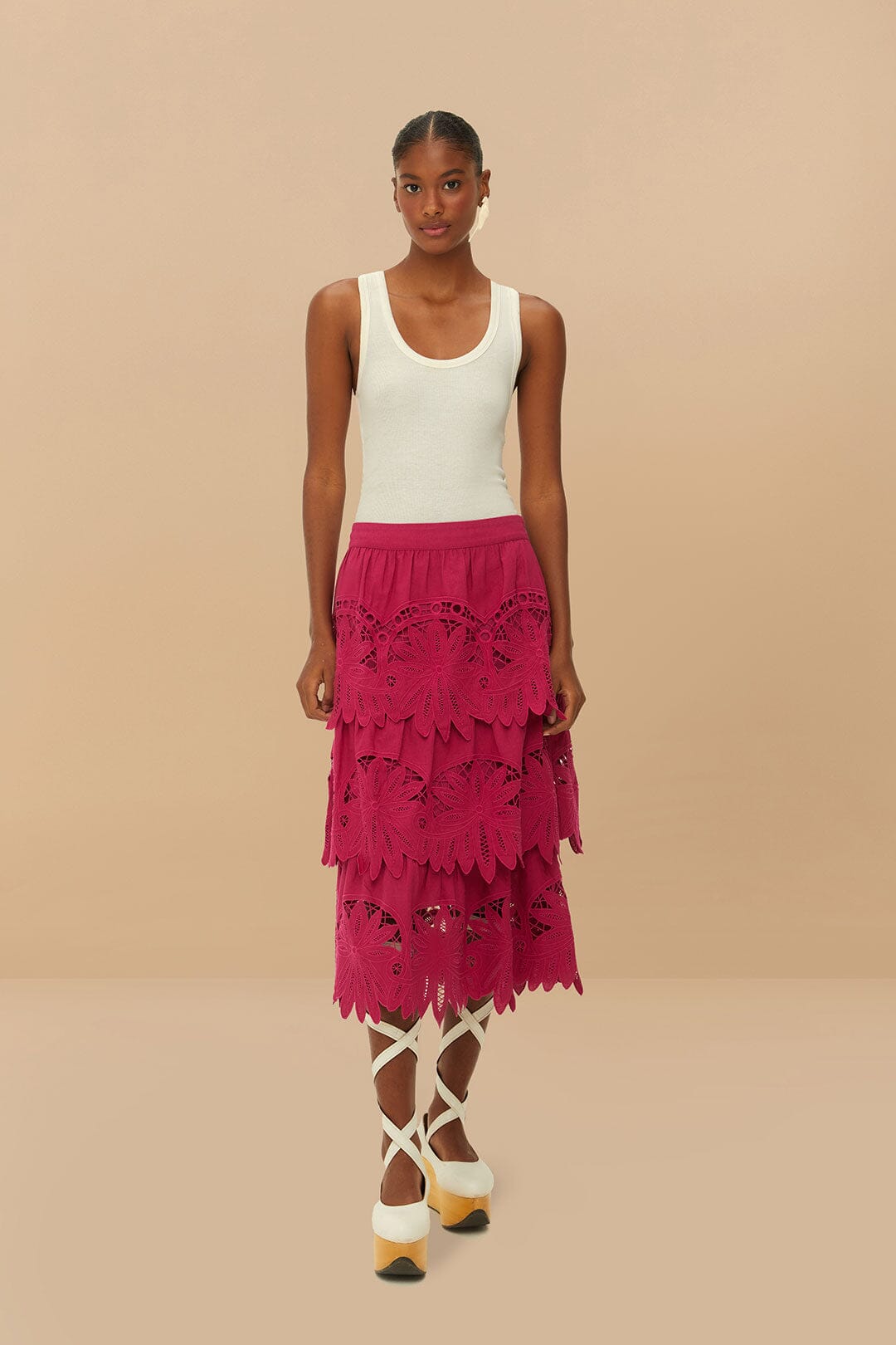Pink Daisy Embroidered Midi Skirt | FARM Rio Women