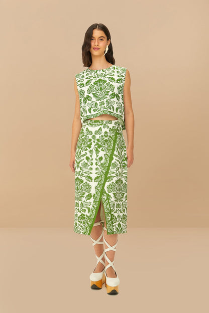 Green Delicate Tapestry LENZING™ ECOVERO™ Euroflax™ Midi Skirt | FARM Rio Women