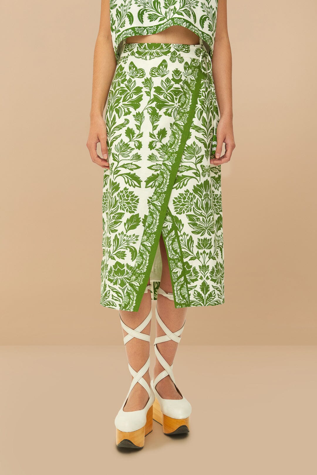 Green Delicate Tapestry LENZING™ ECOVERO™ Euroflax™ Midi Skirt | FARM Rio Women