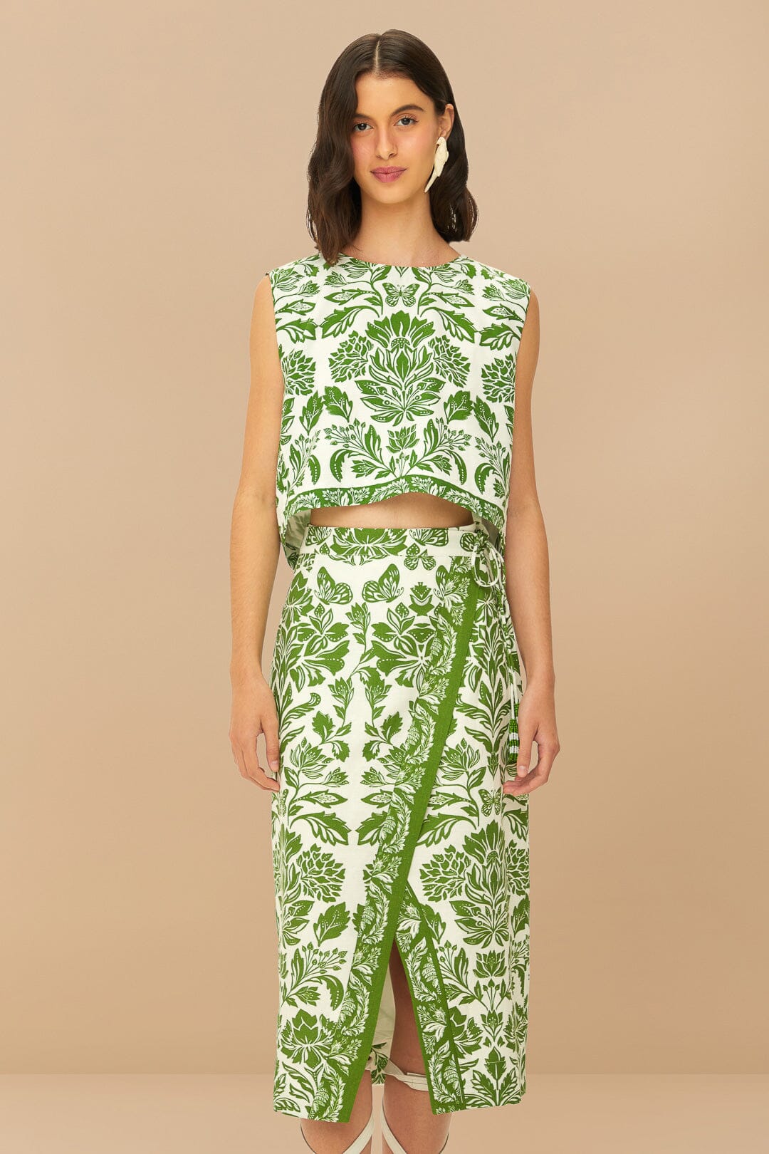 Green Delicate Tapestry LENZING™ ECOVERO™ Euroflax™ Midi Skirt | FARM Rio Women