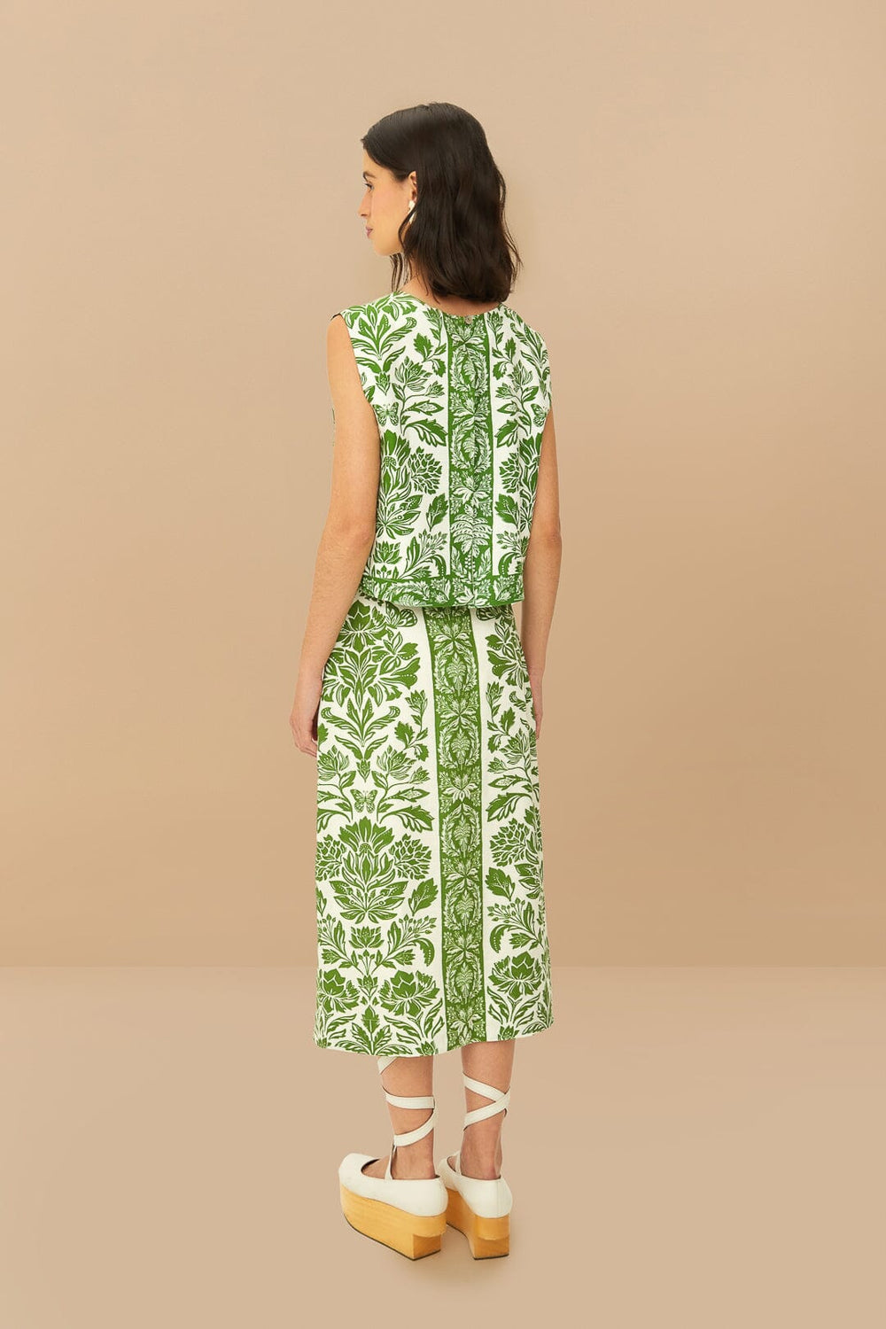 Green Delicate Tapestry LENZING™ ECOVERO™ Euroflax™ Midi Skirt | FARM Rio Women