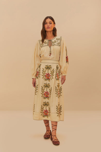 Sand Tropical Flower Embroidered LENZING™ ECOVERO™ Euroflax™ Maxi Skir | FARM Rio Women