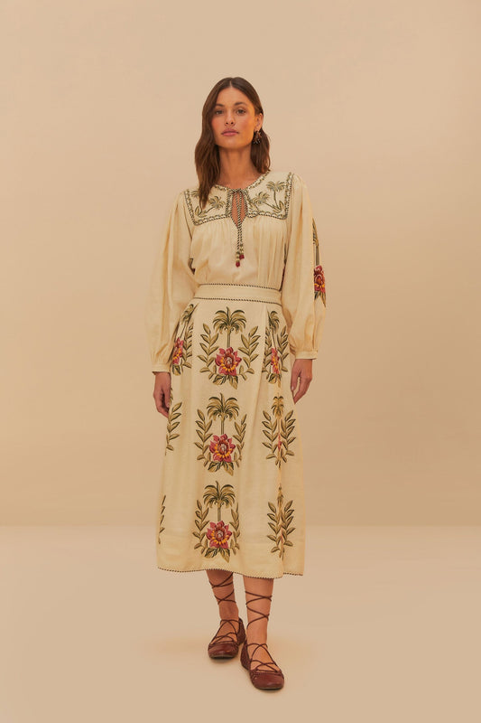 Sand Tropical Flower Embroidered LENZING™ ECOVERO™ Euroflax™ Maxi Skir | FARM Rio Women
