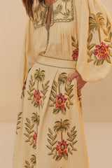 Sand Tropical Flower Embroidered LENZING™ ECOVERO™ Euroflax™ Maxi Skir | FARM Rio Women