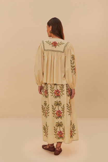 Sand Tropical Flower Embroidered LENZING™ ECOVERO™ Euroflax™ Maxi Skir | FARM Rio Women