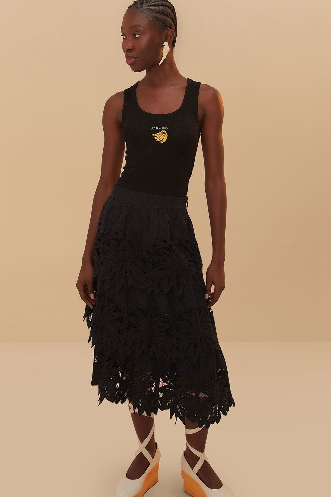 Black Daisy Embroidered Midi Skirt | FARM Rio Women