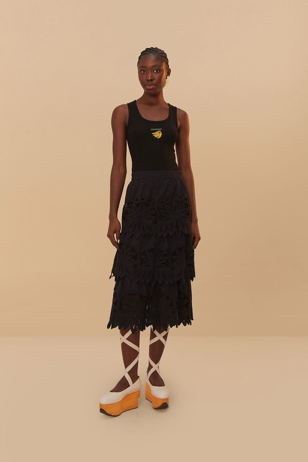 Black Daisy Embroidered Midi Skirt | FARM Rio Women