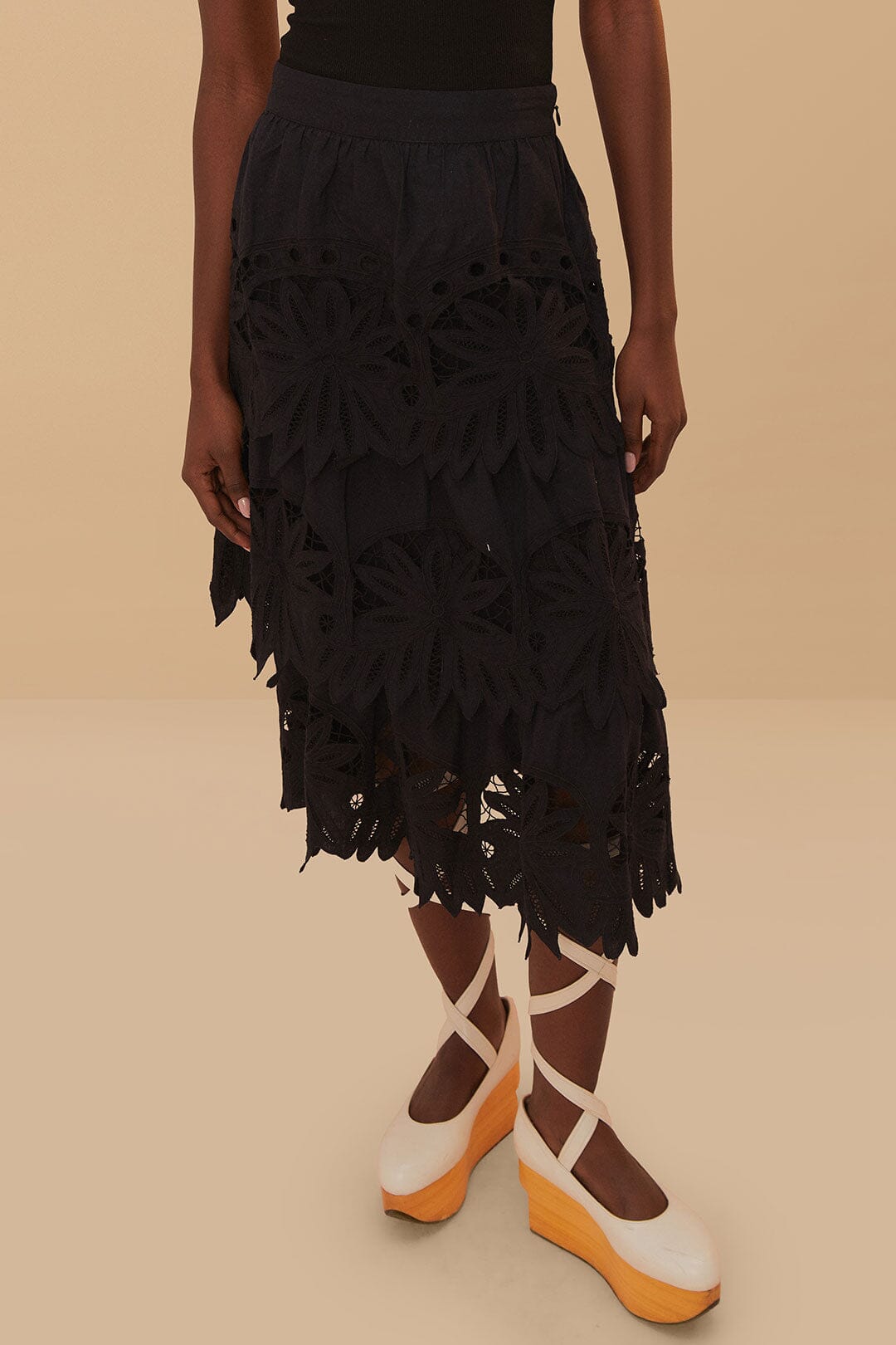 Black Daisy Embroidered Midi Skirt | FARM Rio Women