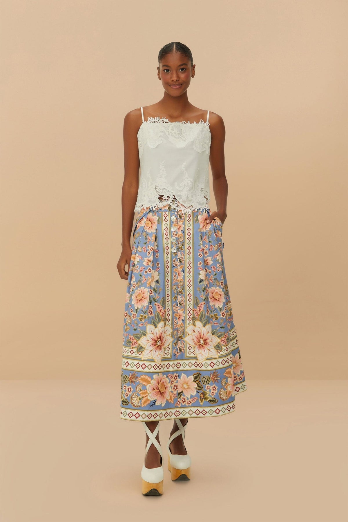 Blue Superbloom Tapestry Buttoned Maxi Skirt | FARM Rio Women