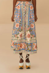 Blue Superbloom Tapestry Buttoned Maxi Skirt | FARM Rio Women