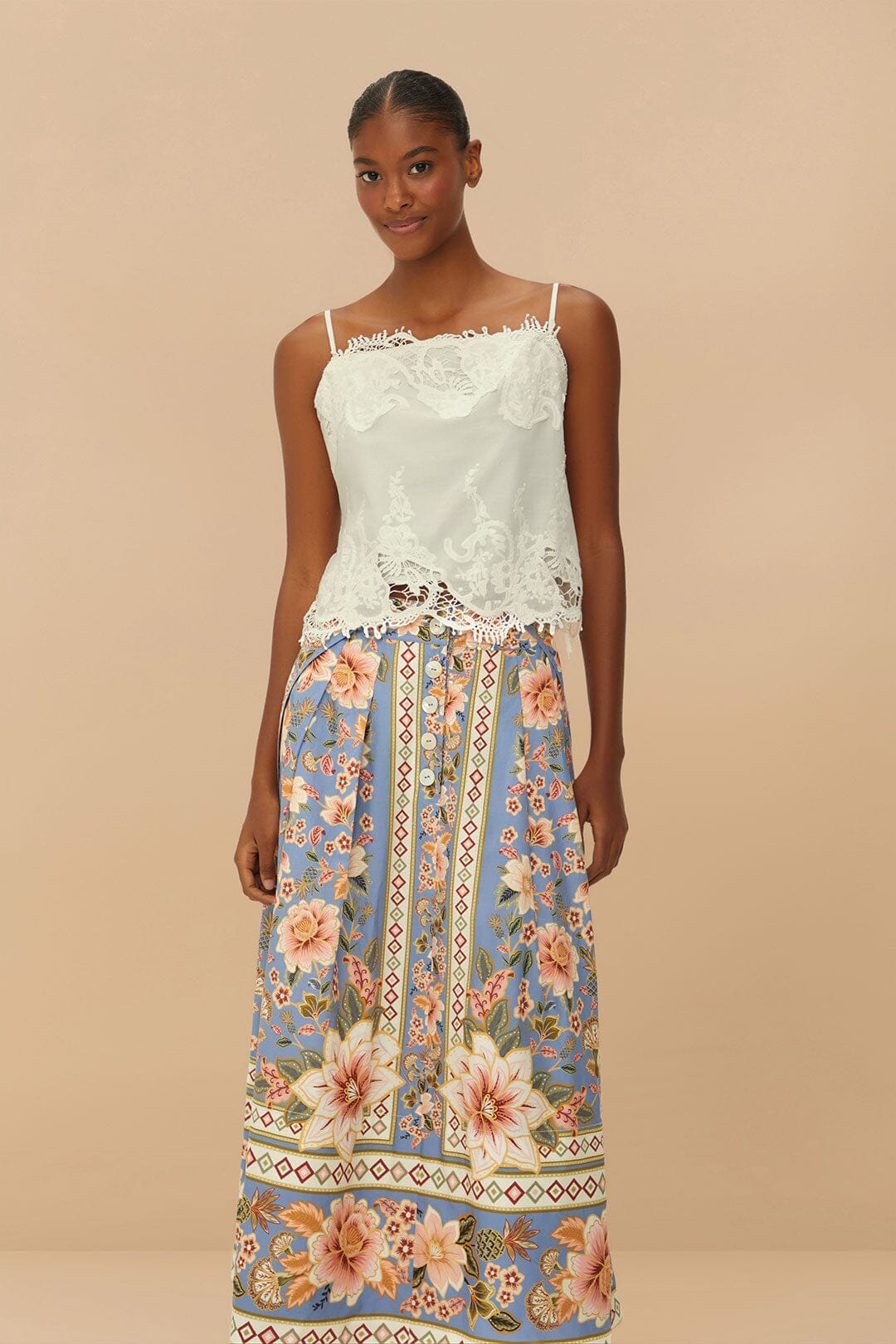 Blue Superbloom Tapestry Buttoned Maxi Skirt | FARM Rio Women